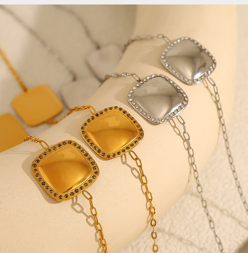 Square Crystal Inlay Long Necklace – 18K Gold-Plated Titanium Steel Jewelry