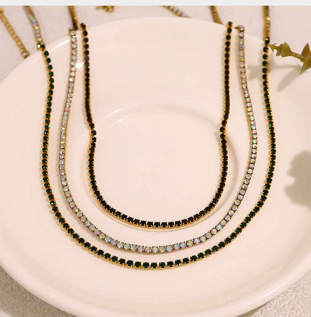 18K Gold Plated Stainless Steel Micro-Paved Green & Black Crystal Necklace – High-End Minimalist Jewelry