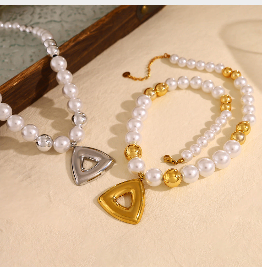 Vintage Pearl Beaded Hollow Triangle Pendant Necklace | 18K Gold & Silver Stainless Steel Elegant Jewelry for Women
