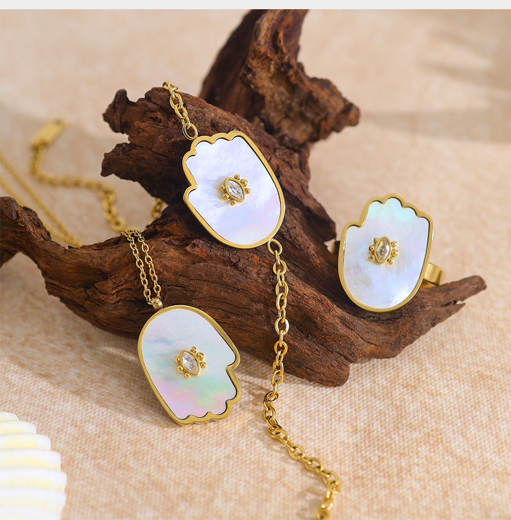 18K Gold Plated Stainless Steel Evil Eye Bracelet & Ring Set – Shell and Crystal Inlay | Fashion Protection Jewelry