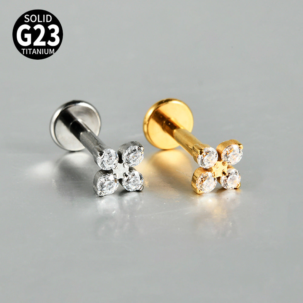 Four Leaf Flowers Flatback Threadless Labret Ear Piercing