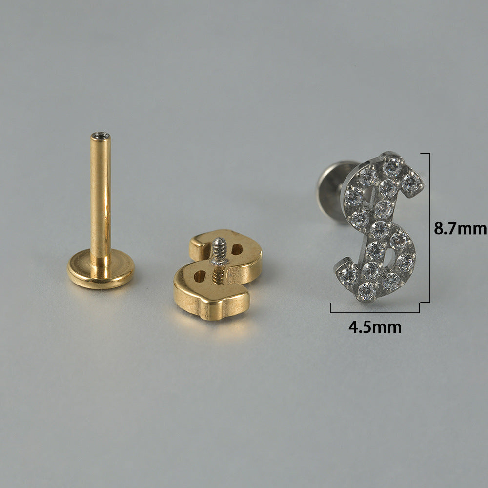 G23/F136 US DOLLAR Shape Zircon Sign Threadless Flatback Rook Ear Piercing