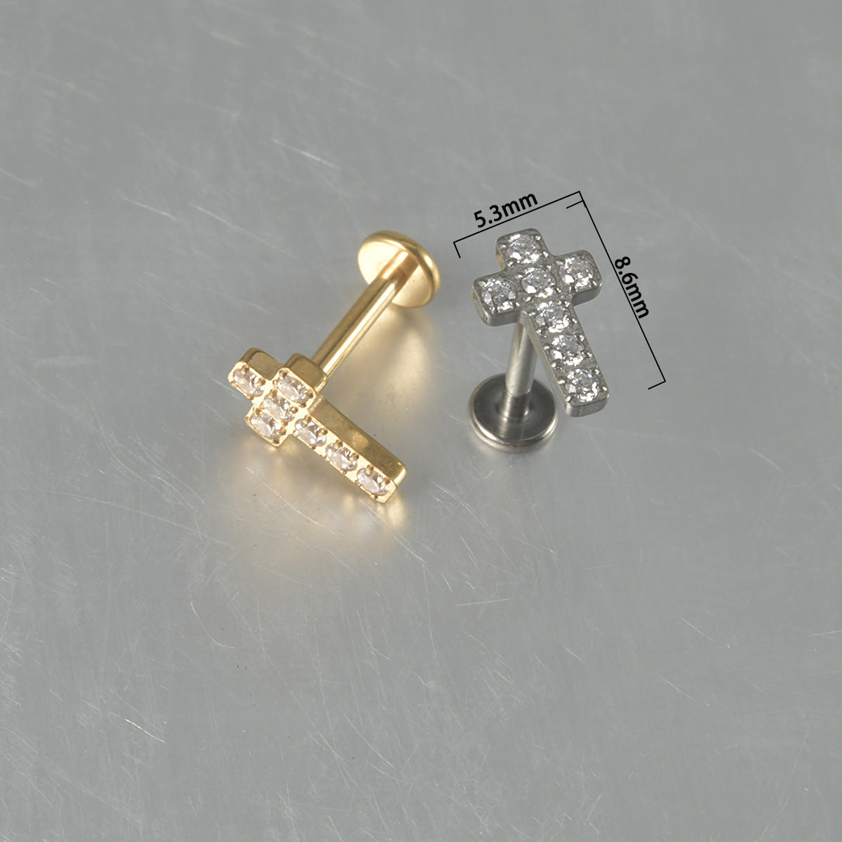 Cross zircon threadless flatback ear stud labrets