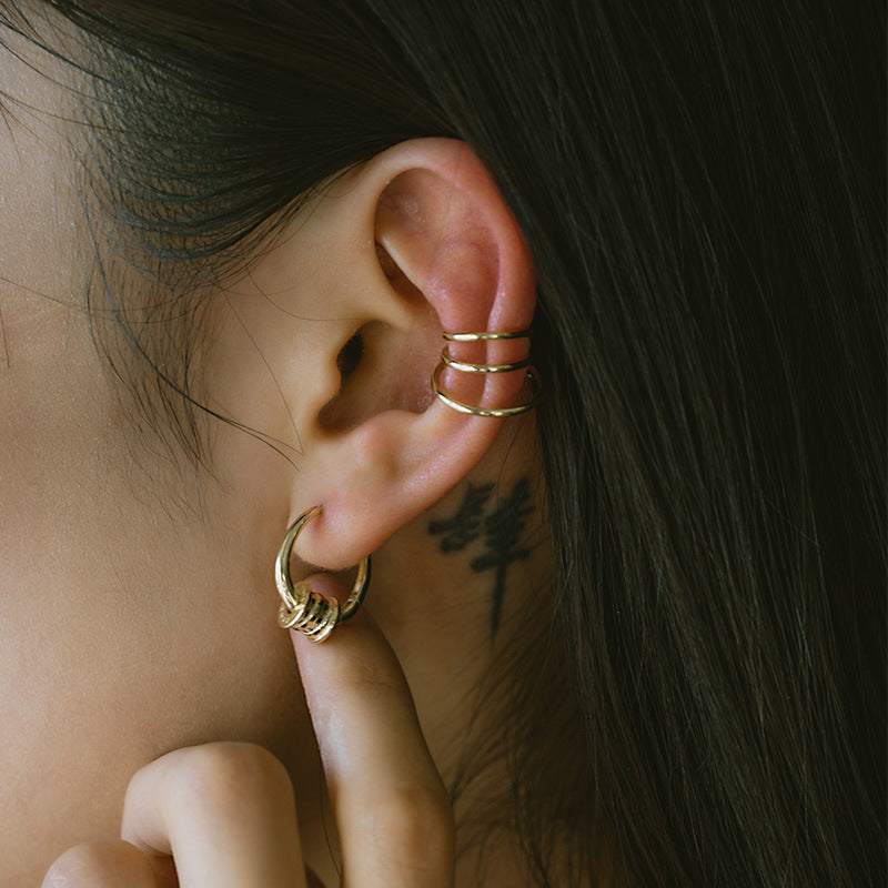 14K Solid Gold Simple 3 layers Ear Clip Earrings Hoops for pairs