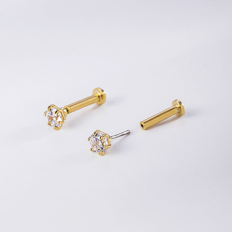 14K Gold 5A Zircon Labret Stud – Push-in Piercing for Lip, Tragus & Helix