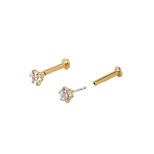 14K Gold 5A Zircon Labret Stud – Push-in Piercing for Lip, Tragus & Helix