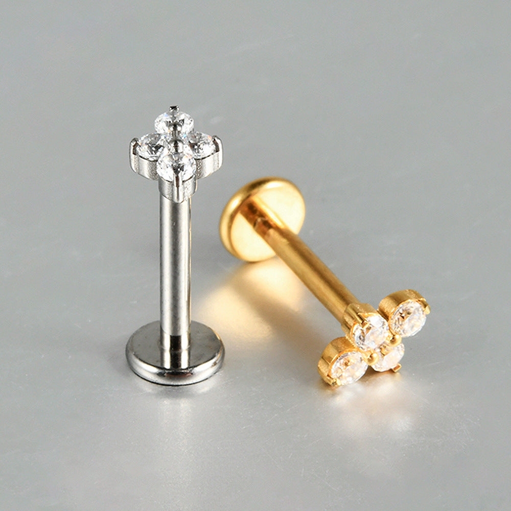 Four Leaf Crystal Little Threadless Labret Ear Piercing