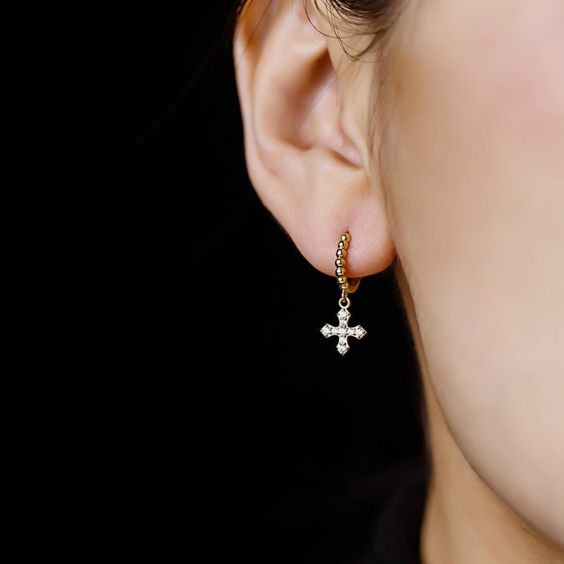 14K Solid Gold Moissanite Cross Pendant Huggie Earrings – Paved Sparkle Drop Hoops