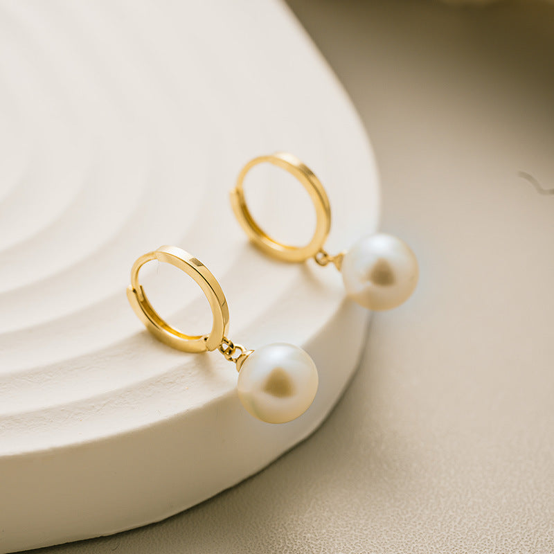14K Solid Gold Huggie Hoop Earrings with 3mm Freshwater Pearl Pendant – Timeless Elegance