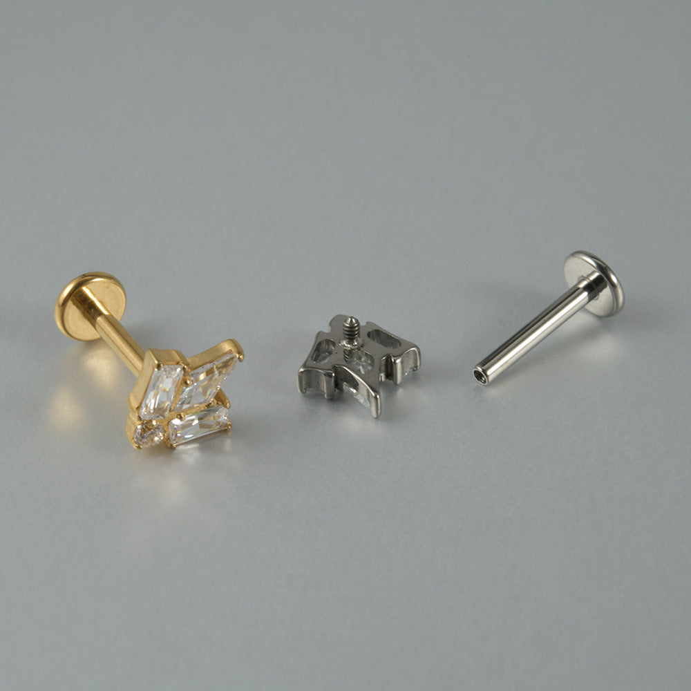 Square CZ Zircon stone Threadless flatback Lip stud Ear piercing