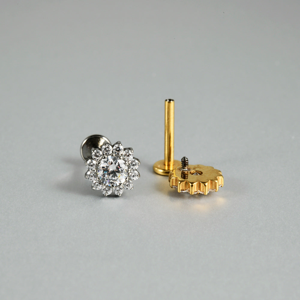 CZ Flower Leaf Stones paved Threadless Labret Ear stud