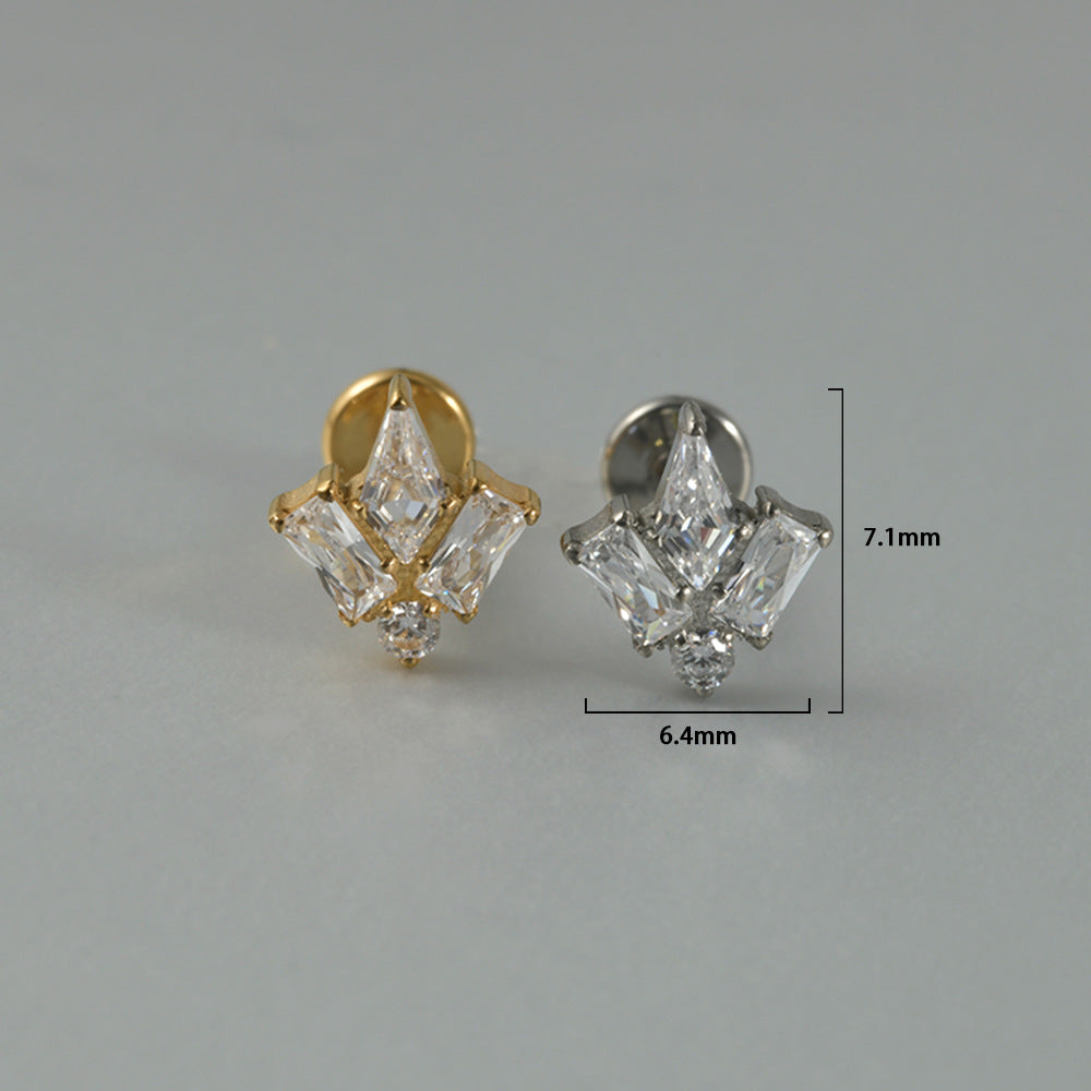 Square CZ Zircon stone Threadless flatback Lip stud Ear piercing