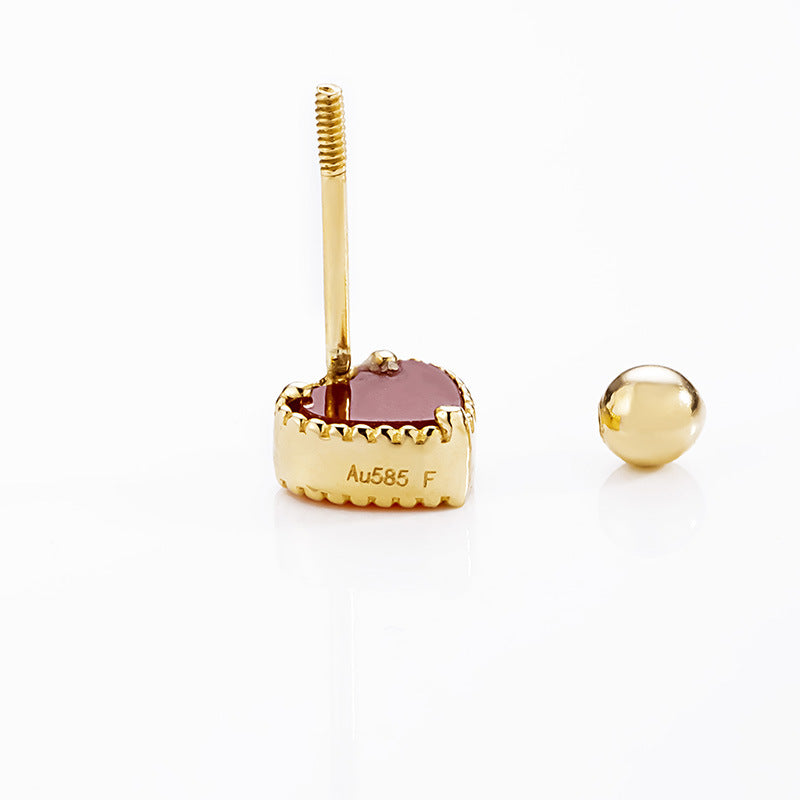 14K Solid Gold Red Agate Heart Piercing Stud – Threaded Ball Back | Hypoallergenic