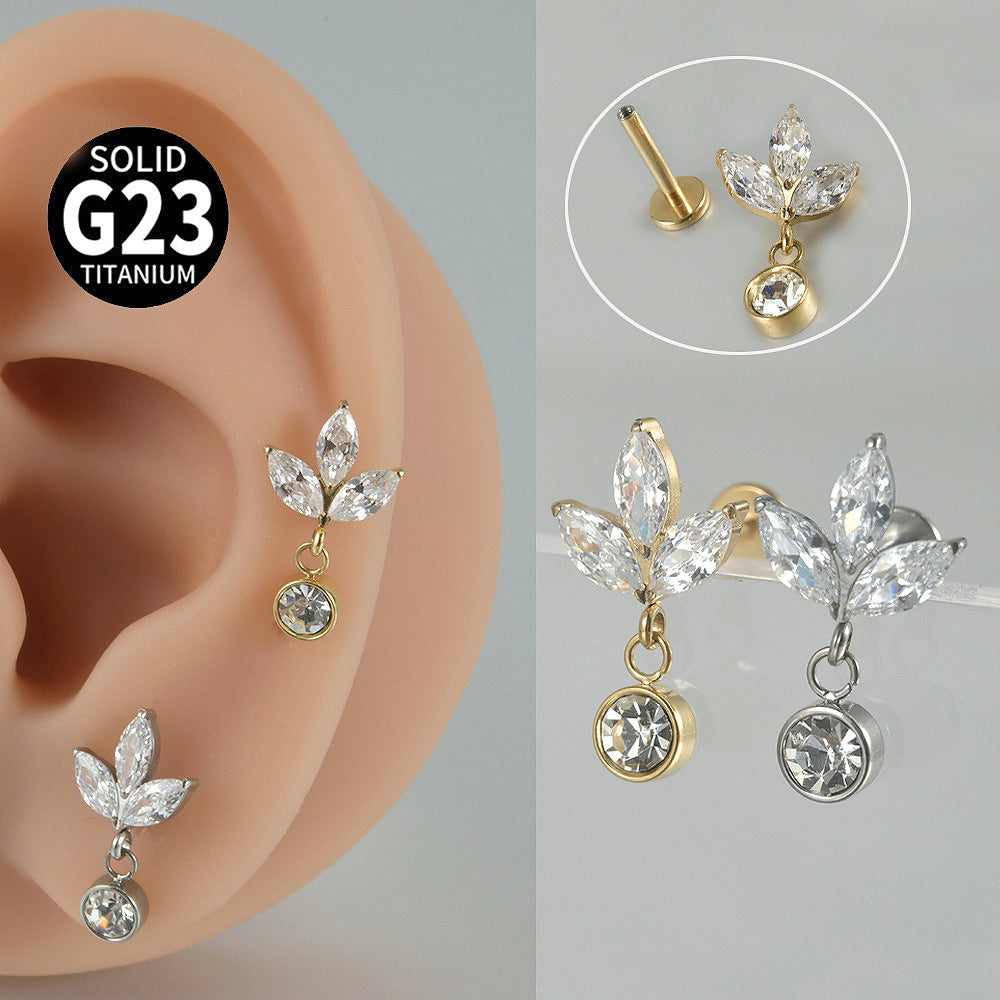 F136/G23 Three leaf pendant Drop Threadless Flatback Ear stud Tragus Labret