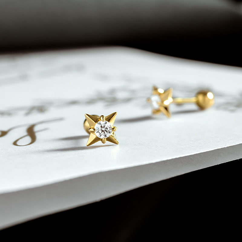 14K Solid Gold Moissanite Stone Four Star Threaded Ball Ear stud Piercings