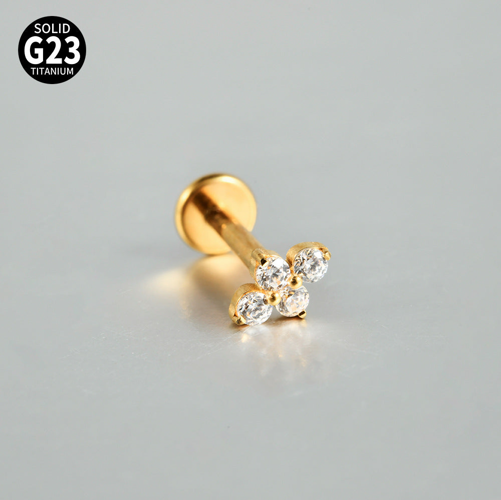 Four Leaf Crystal Little Threadless Labret Ear Piercing