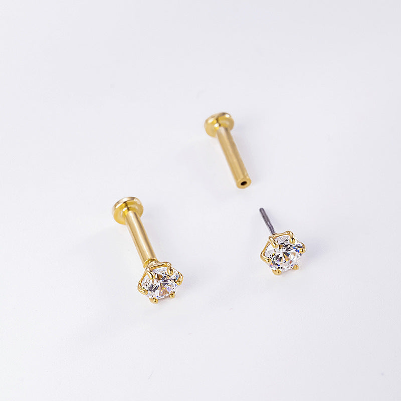 14K Gold 5A Zircon Labret Stud – Push-in Piercing for Lip, Tragus & Helix