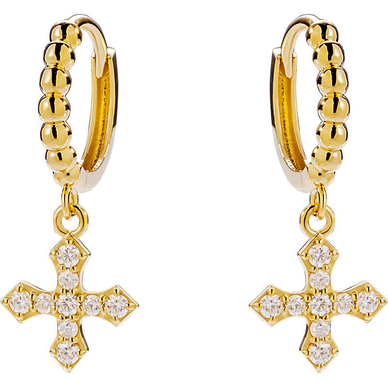 14K Solid Gold Moissanite Cross Pendant Huggie Earrings – Paved Sparkle Drop Hoops