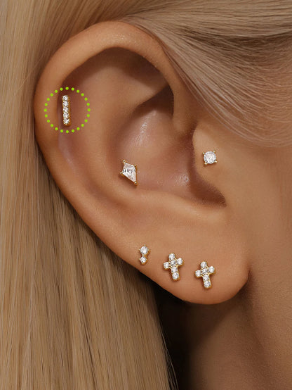 14K Solid Gold Zircon Piercing Studs – Straight Bar Cartilage/Lobe Earrings