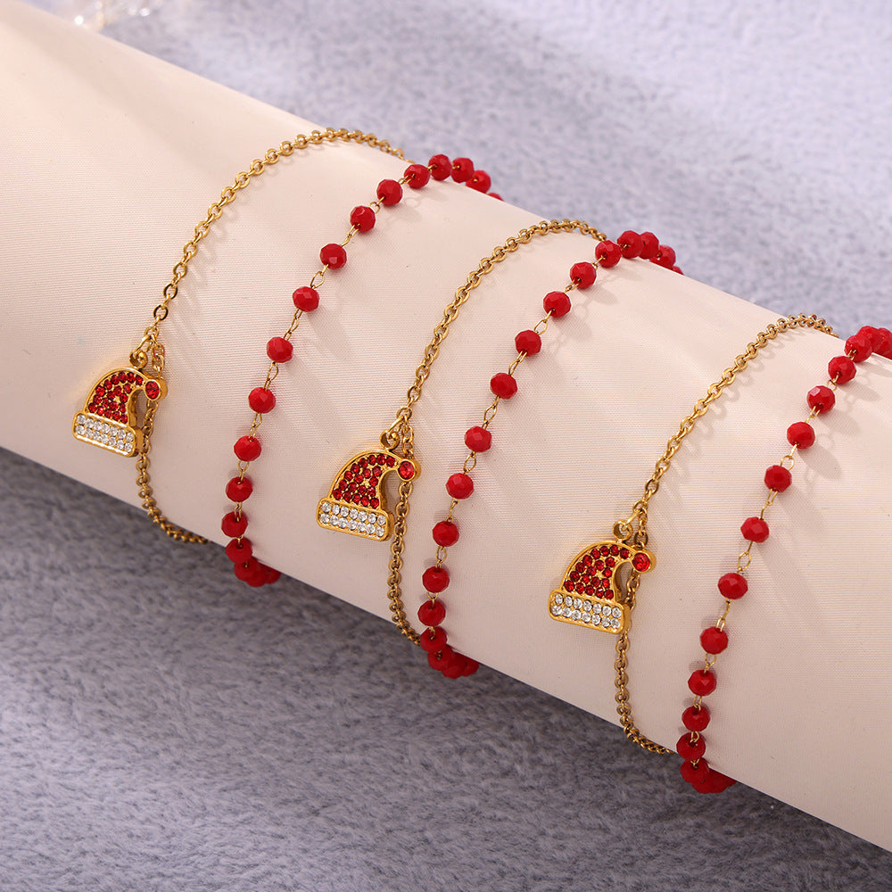 Gold Plated Stainless Steel Double-Layer Christmas Hat Necklace & Bracelet – Zircon & Garnet