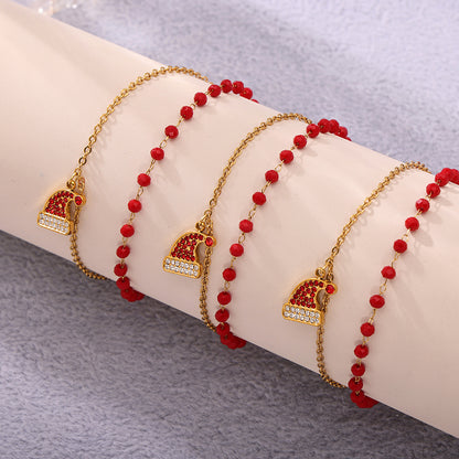 Gold Plated Stainless Steel Double-Layer Christmas Hat Necklace & Bracelet – Zircon & Garnet