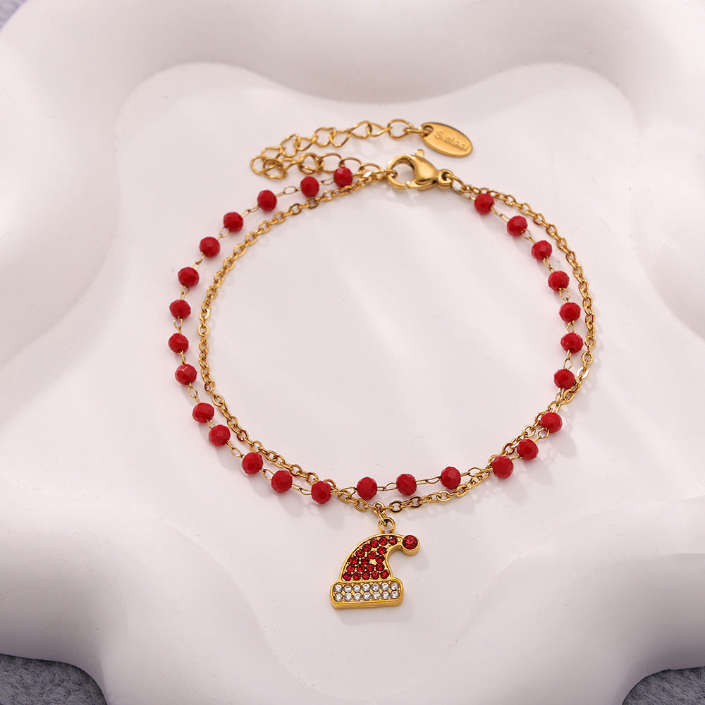 Gold Plated Stainless Steel Double-Layer Christmas Hat Necklace & Bracelet – Zircon & Garnet