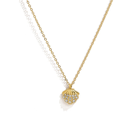 18K Gold Plated Titanium Steel Ocean Style Starfish Shell Conch Pendant Necklace with Crystal and Pearl
