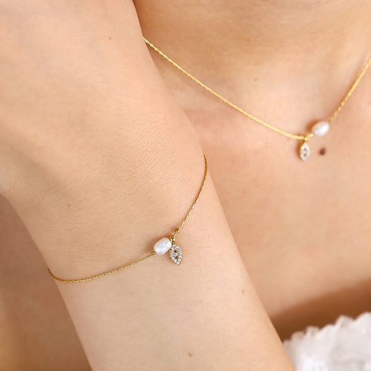 Elegant Pearl & Evil Eye Pendant Necklace & Bracelet Set – 18K Gold Plated Titanium Steel, Adjustable Length