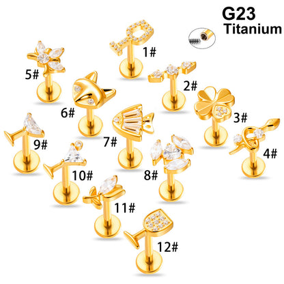 G23/F136 Titanium Fox, Wine Glass, Clover, Fish Internally Threaded Labret & Cartilage Piercing Jewelry