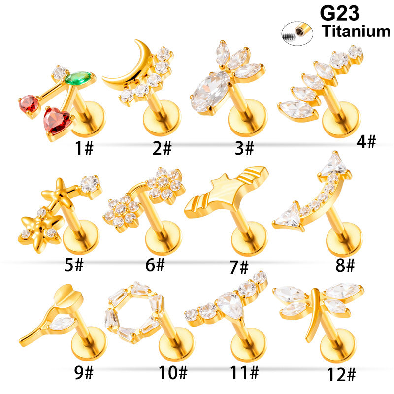 G23/F136 Titanium Zircon-Set Cherry, Dragonfly, Cherry Blossom, Bat, Leaf Internal Thread Lip & Cartilage Piercing Jewelry