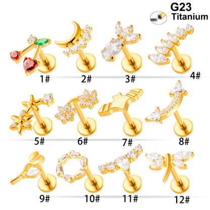 G23/F136 Titanium Zircon-Set Cherry, Dragonfly, Cherry Blossom, Bat, Leaf Internal Thread Lip & Cartilage Piercing Jewelry