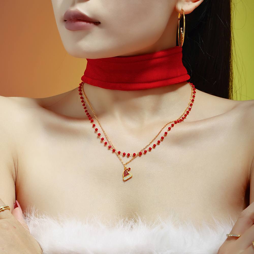 Gold Plated Stainless Steel Double-Layer Christmas Hat Necklace & Bracelet – Zircon & Garnet