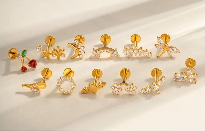 G23/F136 Titanium Zircon-Set Cherry, Dragonfly, Cherry Blossom, Bat, Leaf Internal Thread Lip & Cartilage Piercing Jewelry