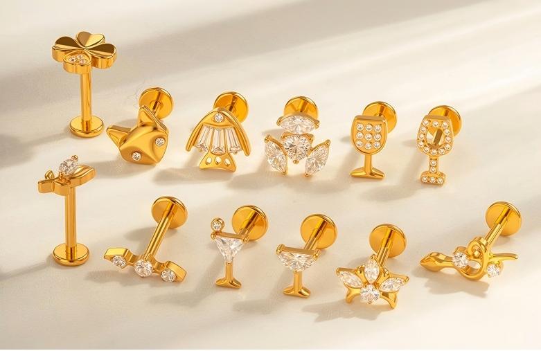 G23/F136 Titanium Fox, Wine Glass, Clover, Fish Internally Threaded Labret & Cartilage Piercing Jewelry