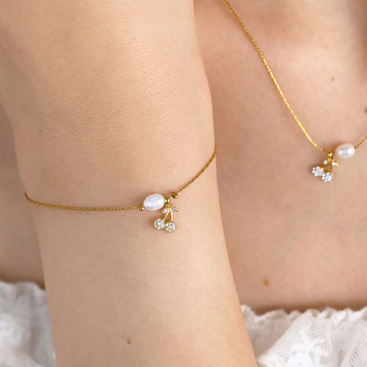 New Pearl Cherry Pendant Necklace & Bracelet Set – Sweet Fashion Jewelry Gift