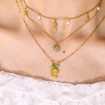 18K Gold Plated Titanium Steel Ocean Style Starfish Shell Conch Pendant Necklace with Crystal and Pearl