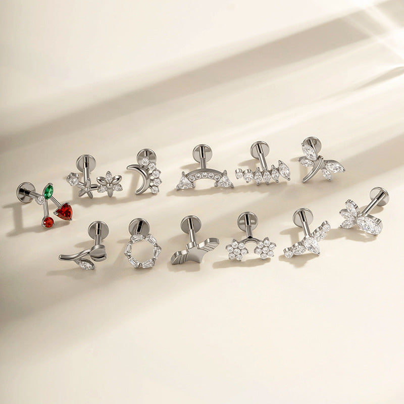 G23/F136 Titanium Zircon-Set Cherry, Dragonfly, Cherry Blossom, Bat, Leaf Internal Thread Lip & Cartilage Piercing Jewelry