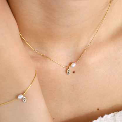 Elegant Pearl & Evil Eye Pendant Necklace & Bracelet Set – 18K Gold Plated Titanium Steel, Adjustable Length