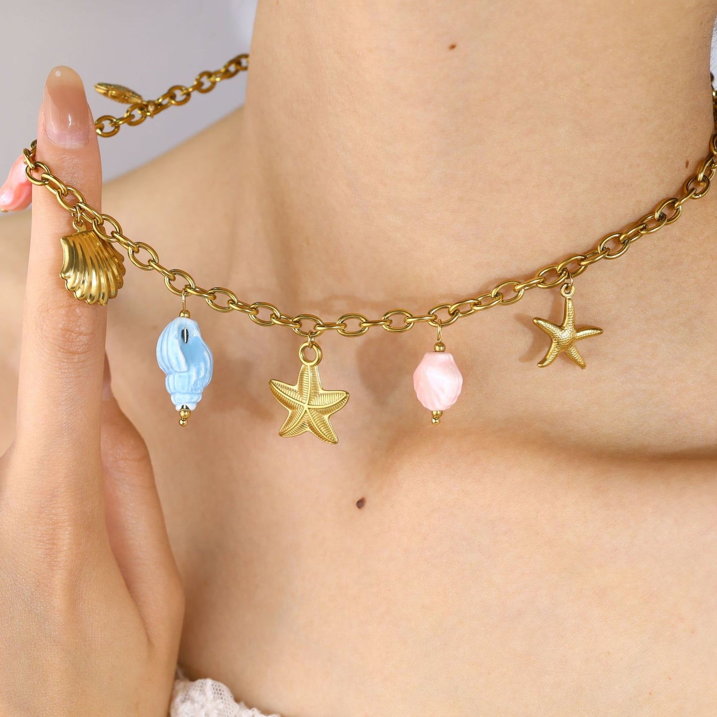 18K Gold Plated Titanium Steel Ocean-Themed Dopamine Ceramic Starfish and Seashell Pendant Necklace & Bracelet Set