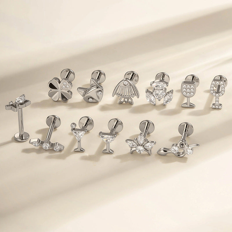 G23/F136 Titanium Fox, Wine Glass, Clover, Fish Internally Threaded Labret & Cartilage Piercing Jewelry