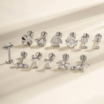 G23/F136 Titanium Fox, Wine Glass, Clover, Fish Internally Threaded Labret & Cartilage Piercing Jewelry