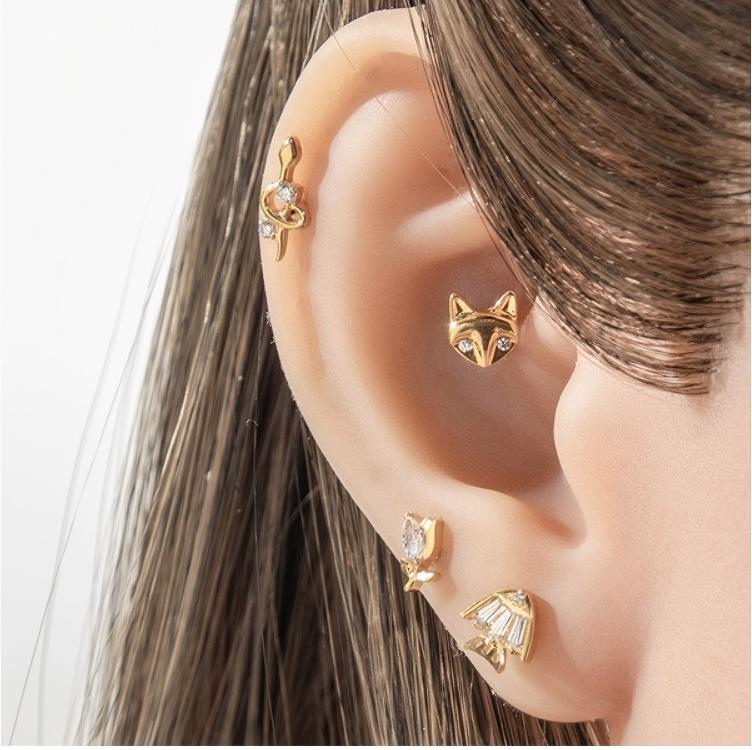 G23/F136 Titanium Fox, Wine Glass, Clover, Fish Internally Threaded Labret & Cartilage Piercing Jewelry