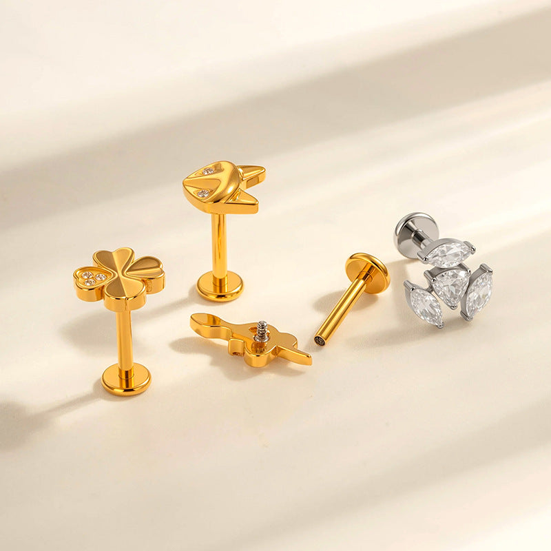 G23/F136 Titanium Fox, Wine Glass, Clover, Fish Internally Threaded Labret & Cartilage Piercing Jewelry