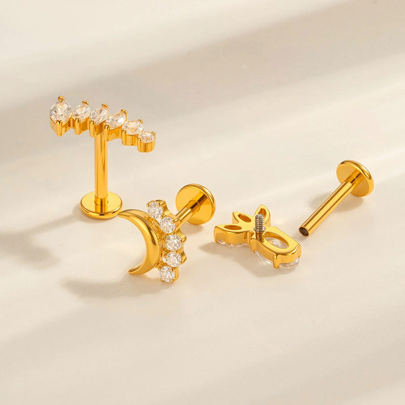 G23/F136 Titanium Zircon-Set Cherry, Dragonfly, Cherry Blossom, Bat, Leaf Internal Thread Lip & Cartilage Piercing Jewelry