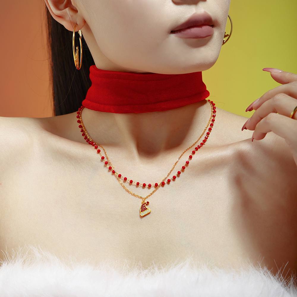 Gold Plated Stainless Steel Double-Layer Christmas Hat Necklace & Bracelet – Zircon & Garnet