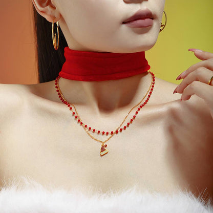 Gold Plated Stainless Steel Double-Layer Christmas Hat Necklace & Bracelet – Zircon & Garnet