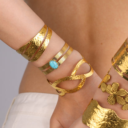 18K Gold Plated Stainless Steel Geometric Bangle Bracelet Series | Wave, Floral, Scroll, Brushed Hollow Designs