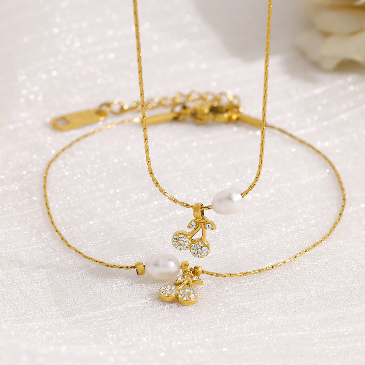 New Pearl Cherry Pendant Necklace & Bracelet Set – Sweet Fashion Jewelry Gift