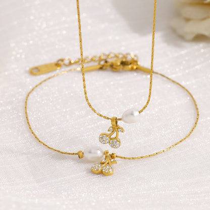 New Pearl Cherry Pendant Necklace & Bracelet Set – Sweet Fashion Jewelry Gift