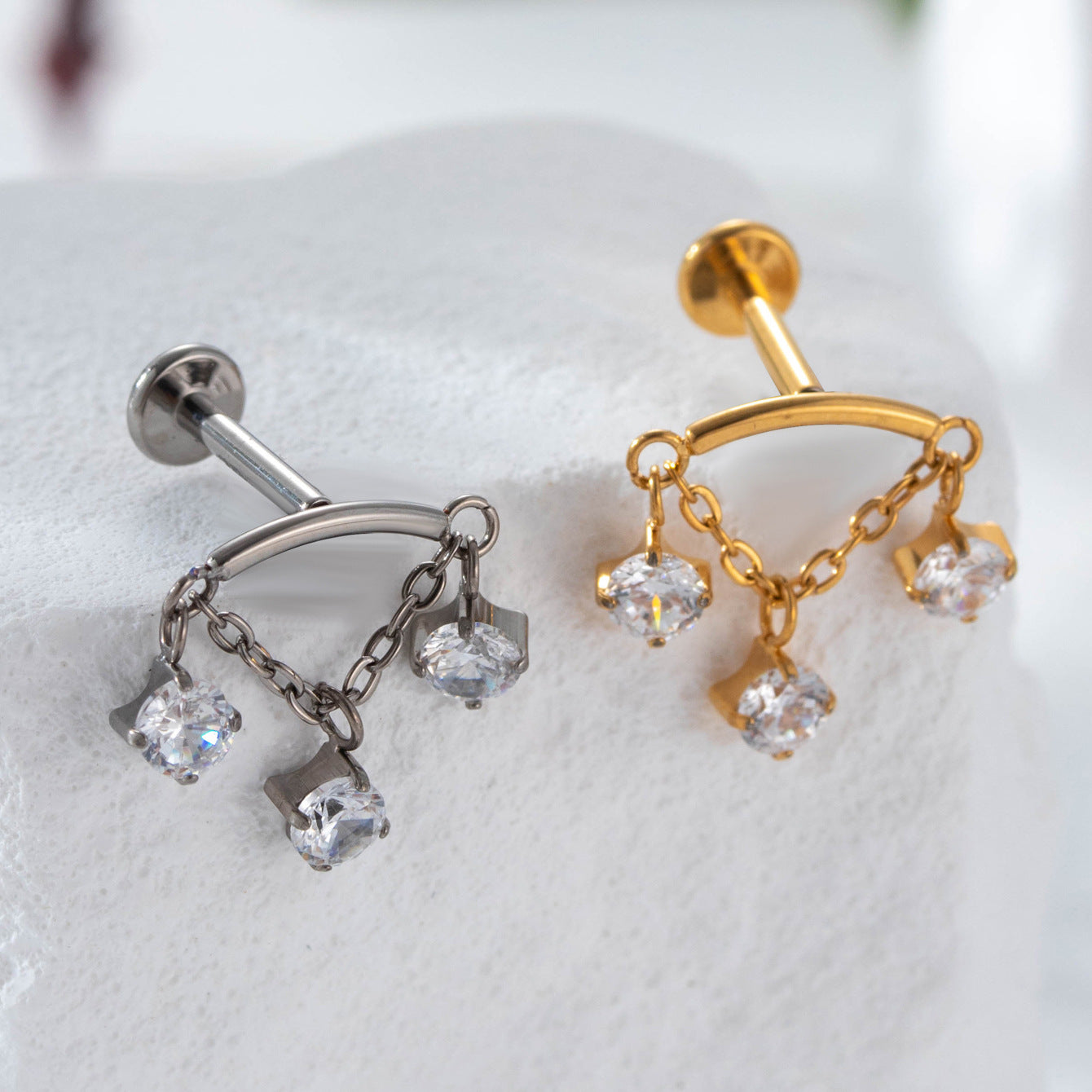 F136 Titanium Zircon Chain Piercing Jewelry – Push Pin Lip & Cartilage Stud,  Drop Designs